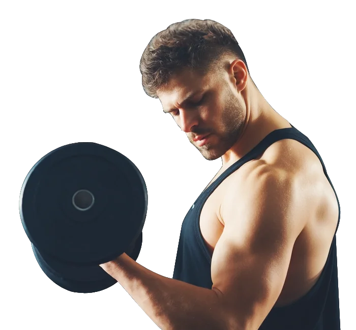Gym member training with a dumbbell